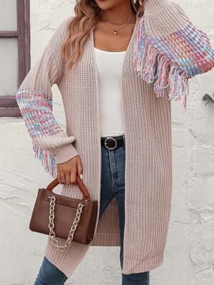 Daily Loose Solid Colour Shirt Collar Tassel Long Sleeve Long Knit Top - Image 2
