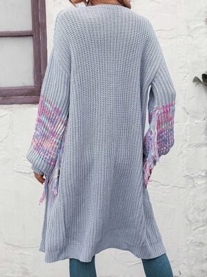 Daily Loose Solid Colour Shirt Collar Tassel Long Sleeve Long Knit Top - Image 6