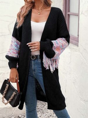 Daily Loose Solid Colour Shirt Collar Tassel Long Sleeve Long Knit Top - Image 8