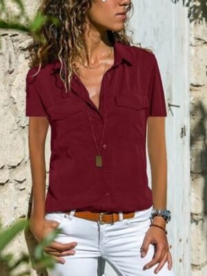Daily Loose Solid Shirt Collar T-shirt Sleeve Blouse - Image 3