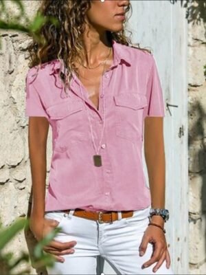 Daily Loose Solid Shirt Collar T-shirt Sleeve Blouse - Image 4