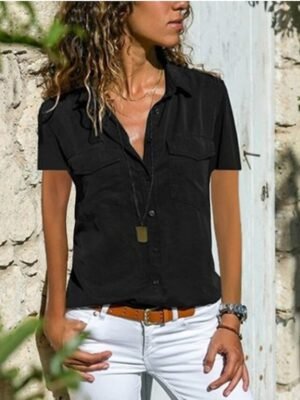 Daily Loose Solid Shirt Collar T-shirt Sleeve Blouse - Image 6