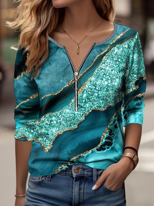 Daily Regular Abstract V Neck Long Sleeve Quarter Zip Top - Image 1