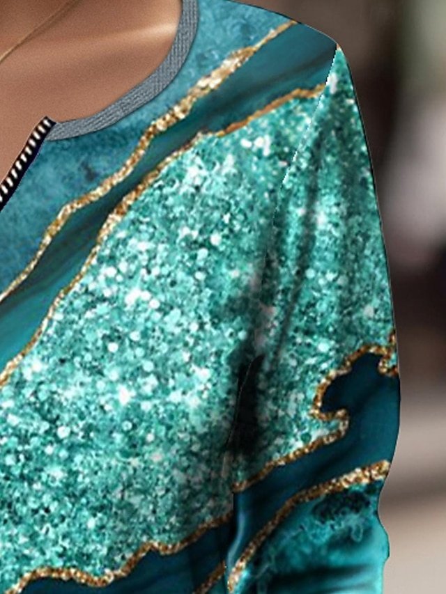 Daily Regular Abstract V Neck Long Sleeve Quarter Zip Top - Image 2