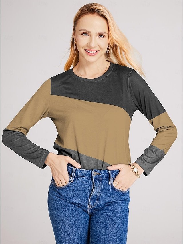 Daily Regular Colour Block Round Neck Long Sleeve Top - Image 1