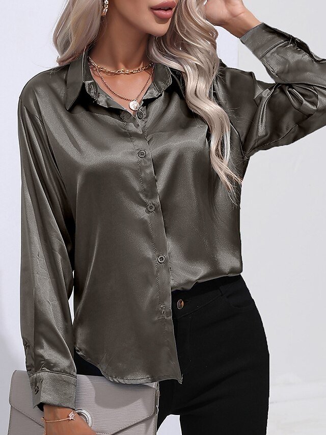 Daily Regular Fit Solid Colour Shirt Collar Long Sleeve Blouse - Image 1