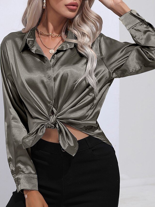 Daily Regular Fit Solid Colour Shirt Collar Long Sleeve Blouse - Image 2