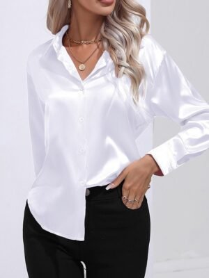 Daily Regular Fit Solid Colour Shirt Collar Long Sleeve Blouse - Image 6