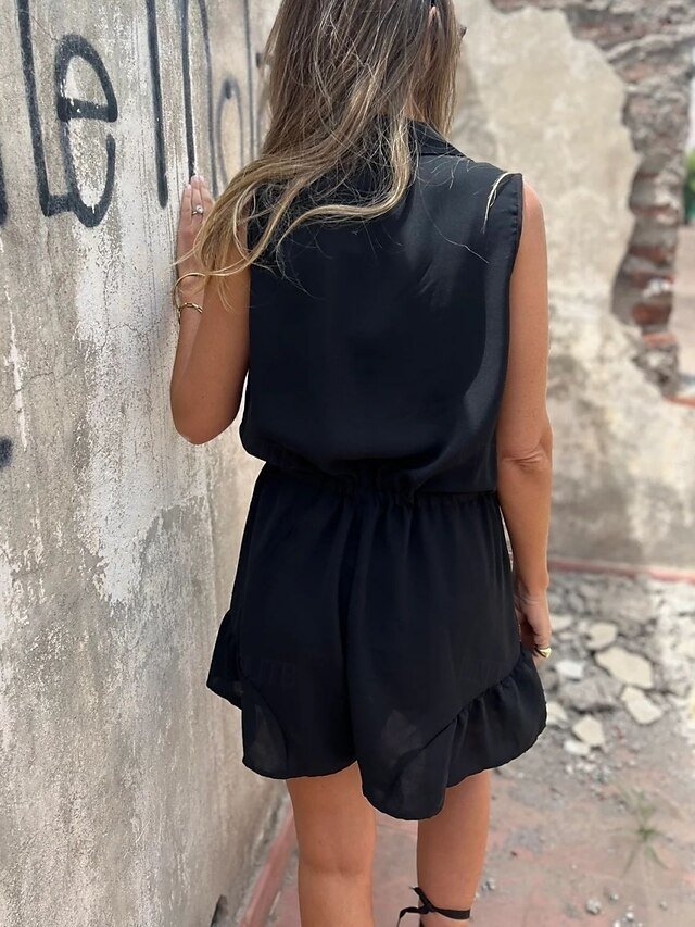 Daily Regular Fit Solid Shirt Collar Sleeveless Shorts Romper - Image 10