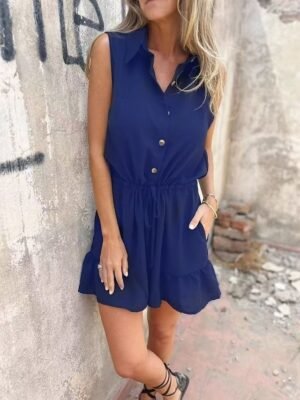 Daily Regular Fit Solid Shirt Collar Sleeveless Shorts Romper - Image 11