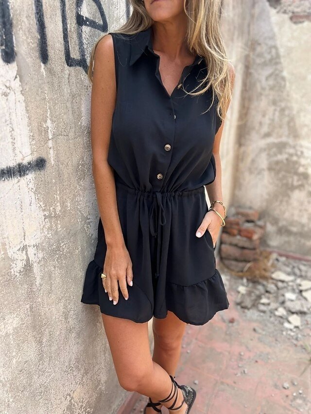 Daily Regular Fit Solid Shirt Collar Sleeveless Shorts Romper - Image 5