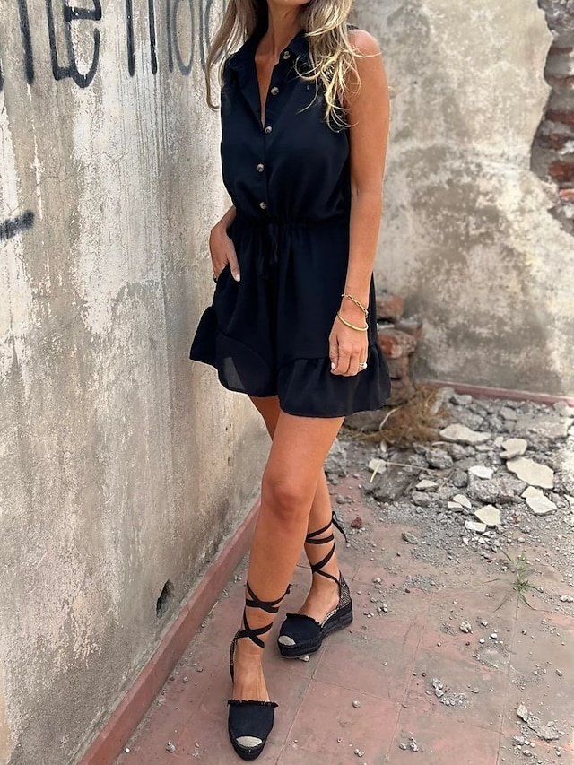 Daily Regular Fit Solid Shirt Collar Sleeveless Shorts Romper - Image 6
