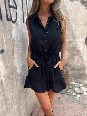 Daily Regular Fit Solid Shirt Collar Sleeveless Shorts Romper - Image 7