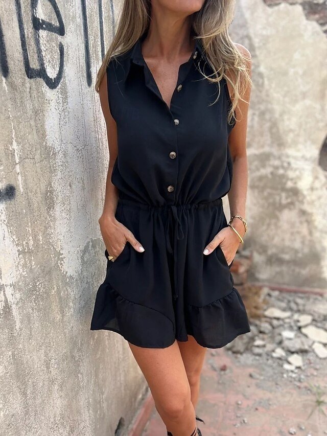 Daily Regular Fit Solid Shirt Collar Sleeveless Shorts Romper - Image 7