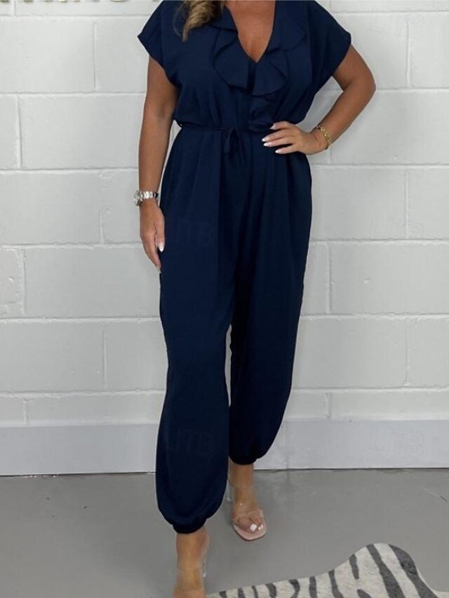 Daily Regular Fit Solid V Neck Short Sleeve Wide Leg Jumpsuit - Image 1