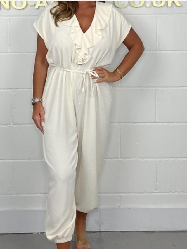 Daily Regular Fit Solid V Neck Short Sleeve Wide Leg Jumpsuit - Image 2
