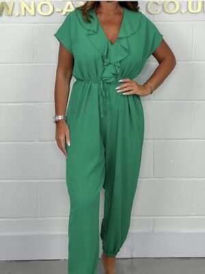 Daily Regular Fit Solid V Neck Short Sleeve Wide Leg Jumpsuit - Image 3