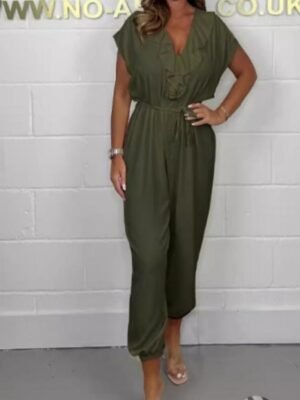 Daily Regular Fit Solid V Neck Short Sleeve Wide Leg Jumpsuit - Image 4
