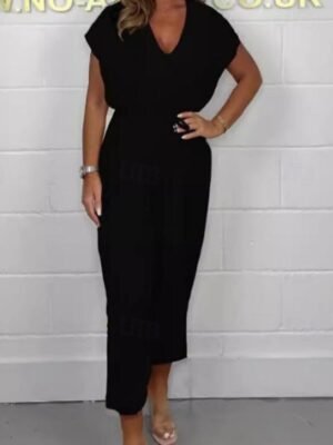 Daily Regular Fit Solid V Neck Short Sleeve Wide Leg Jumpsuit - Image 5