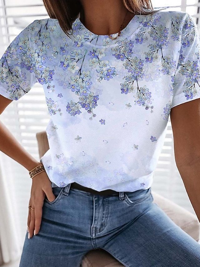 Daily Regular Floral Round Neck Short Sleeve Top - Image 1
