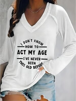 Daily Regular Letter Print V Neck Long Sleeve Top - Image 1