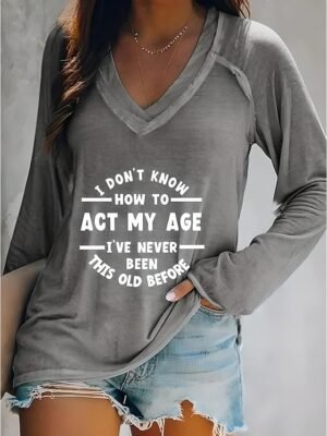 Daily Regular Letter Print V Neck Long Sleeve Top - Image 2