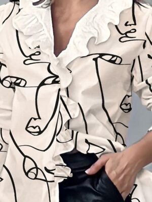 Daily Regular Letter Print V Neck Long Sleeve Ruffle Blouse - Image 9