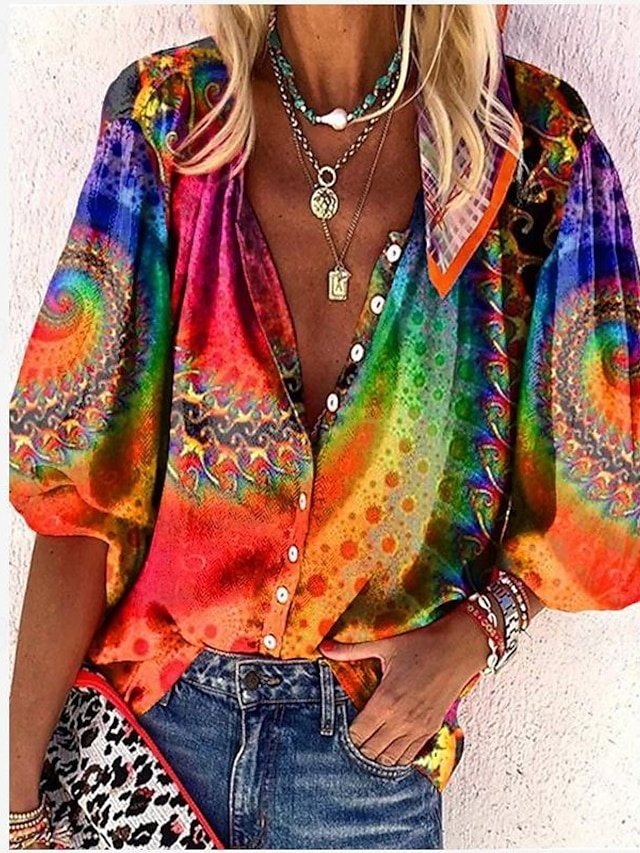 Daily Regular Neon Print V Neck Long Sleeve Blouse - Image 1