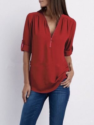Daily Regular Plain V Neck T-shirt Sleeve Summer Blouse - Image 1