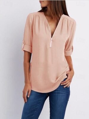 Daily Regular Plain V Neck T-shirt Sleeve Summer Blouse - Image 3
