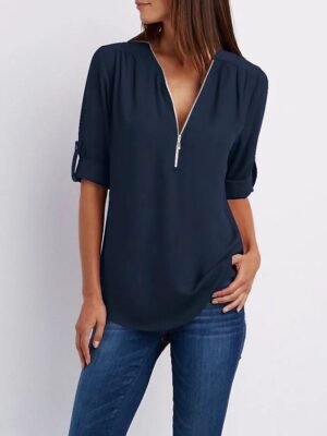 Daily Regular Plain V Neck T-shirt Sleeve Summer Blouse - Image 4