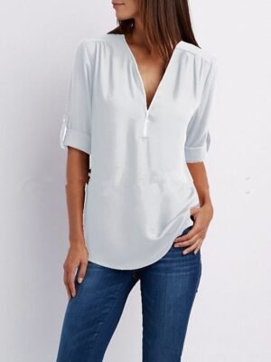Daily Regular Plain V Neck T-shirt Sleeve Summer Blouse - Image 6