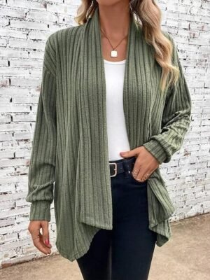 Daily Regular Solid Ribbed Open Front Long Sleeve Cardigan - Image 2
