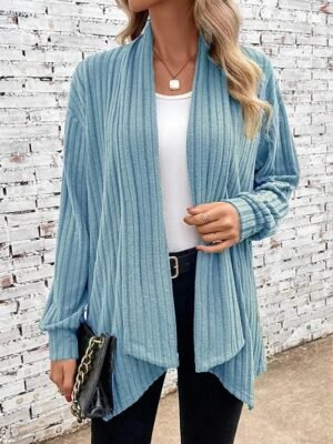 Daily Regular Solid Ribbed Open Front Long Sleeve Cardigan - Image 3