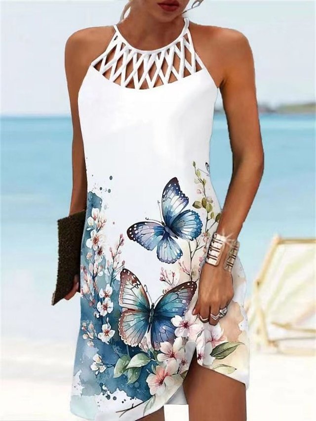 Daily Vacation Floral Cut Out Halter Neck Sleeveless Mini Dress - Image 1