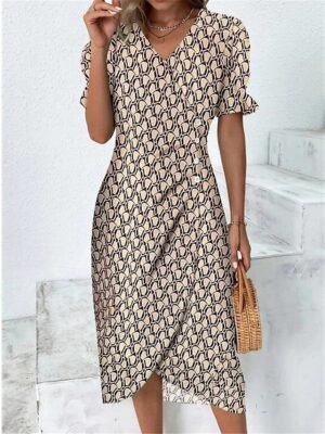 Daily Wrap Ombre Geometric V Neck Short Sleeve Midi Dress - Image 1