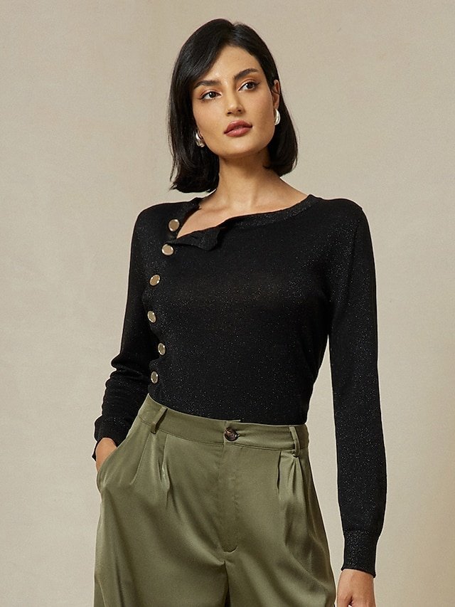 Designer Cropped Button Up Slash Neck Knit Top - Image 1
