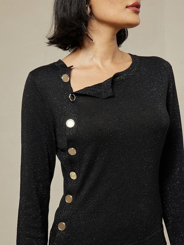 Designer Cropped Button Up Slash Neck Knit Top - Image 2