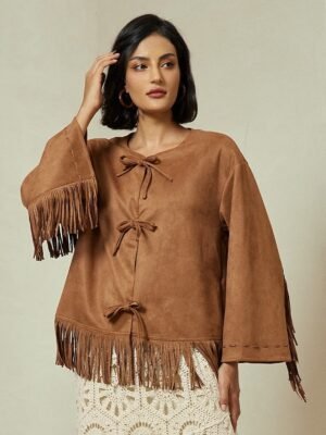 Designer Flare Cuff Suede Fringed Jacket - Image 1