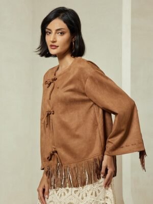 Designer Flare Cuff Suede Fringed Jacket - Image 4
