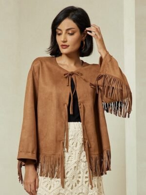 Designer Flare Cuff Suede Fringed Jacket - Image 5
