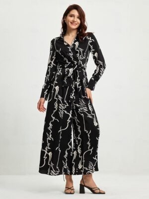 Designer High Waist Marble Graffiti Shirt Collar Long Sleeve Jumpsuit - Image 1