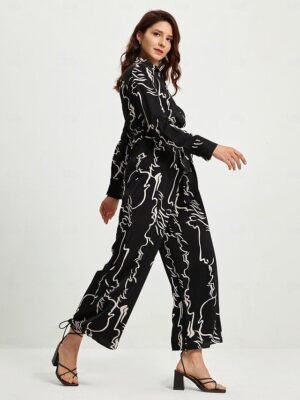 Designer High Waist Marble Graffiti Shirt Collar Long Sleeve Jumpsuit - Image 3