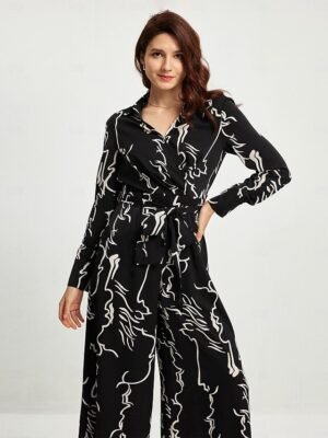 Designer High Waist Marble Graffiti Shirt Collar Long Sleeve Jumpsuit - Image 4