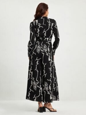 Designer High Waist Marble Graffiti Shirt Collar Long Sleeve Jumpsuit - Image 6