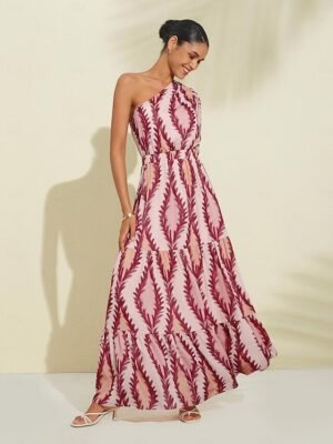 Designer Maxi Print One Shoulder Puff Sleeve Dress - Image 1