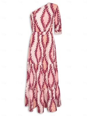 Designer Maxi Print One Shoulder Puff Sleeve Dress - Image 10