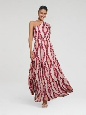 Designer Maxi Print One Shoulder Puff Sleeve Dress - Image 2