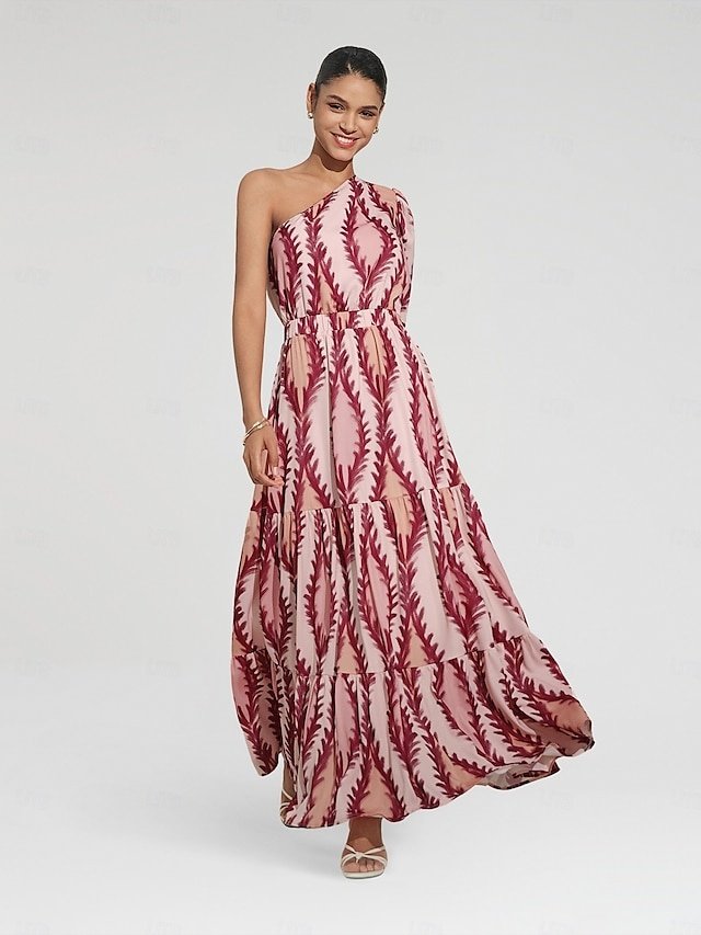 Designer Maxi Print One Shoulder Puff Sleeve Dress - Image 2