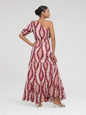 Designer Maxi Print One Shoulder Puff Sleeve Dress - Image 3